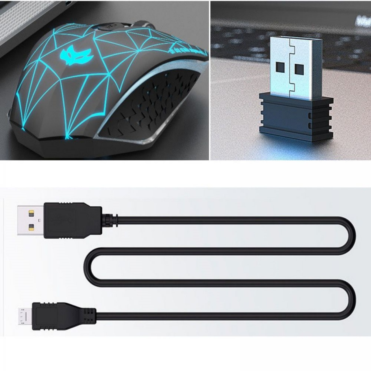 Maus mit blauen Lichtern, USB-Empfänger und Ladekabel. Schwarz-Grau-Farbschema.
