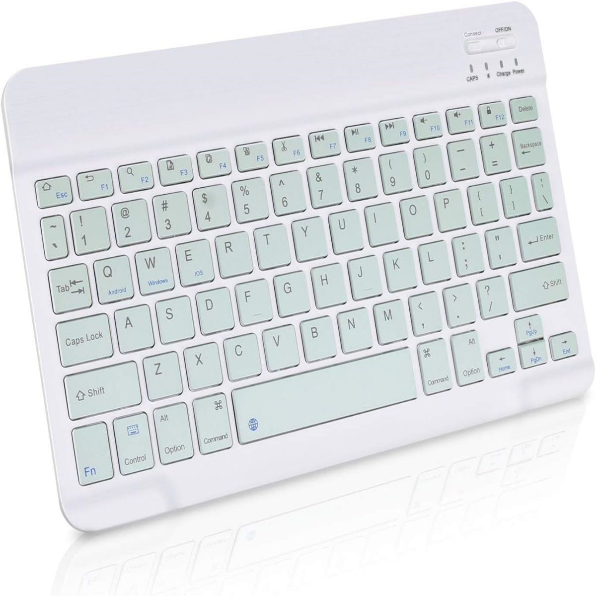 Eine weiße kabellose Tastatur mit hellgrünen Tasten, inkl. Funktionstasten und Nummernblock.