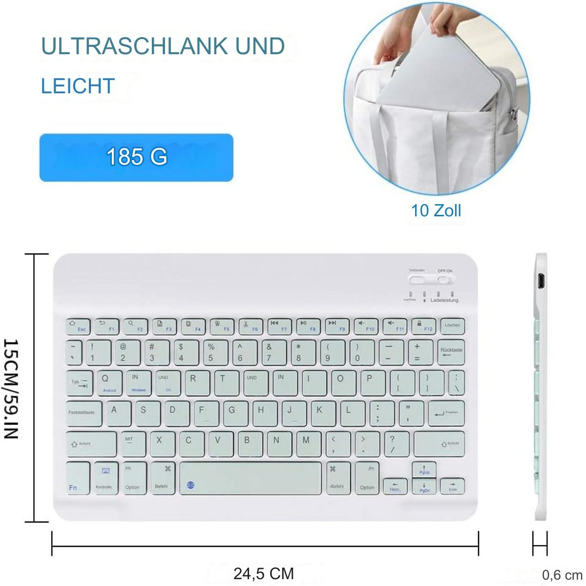 Weiße Tastatur mit schwarzen Tasten. Texte: 185G, 24,5 cm, 15 cm, 0,6 cm. Hintergrund: weiß.