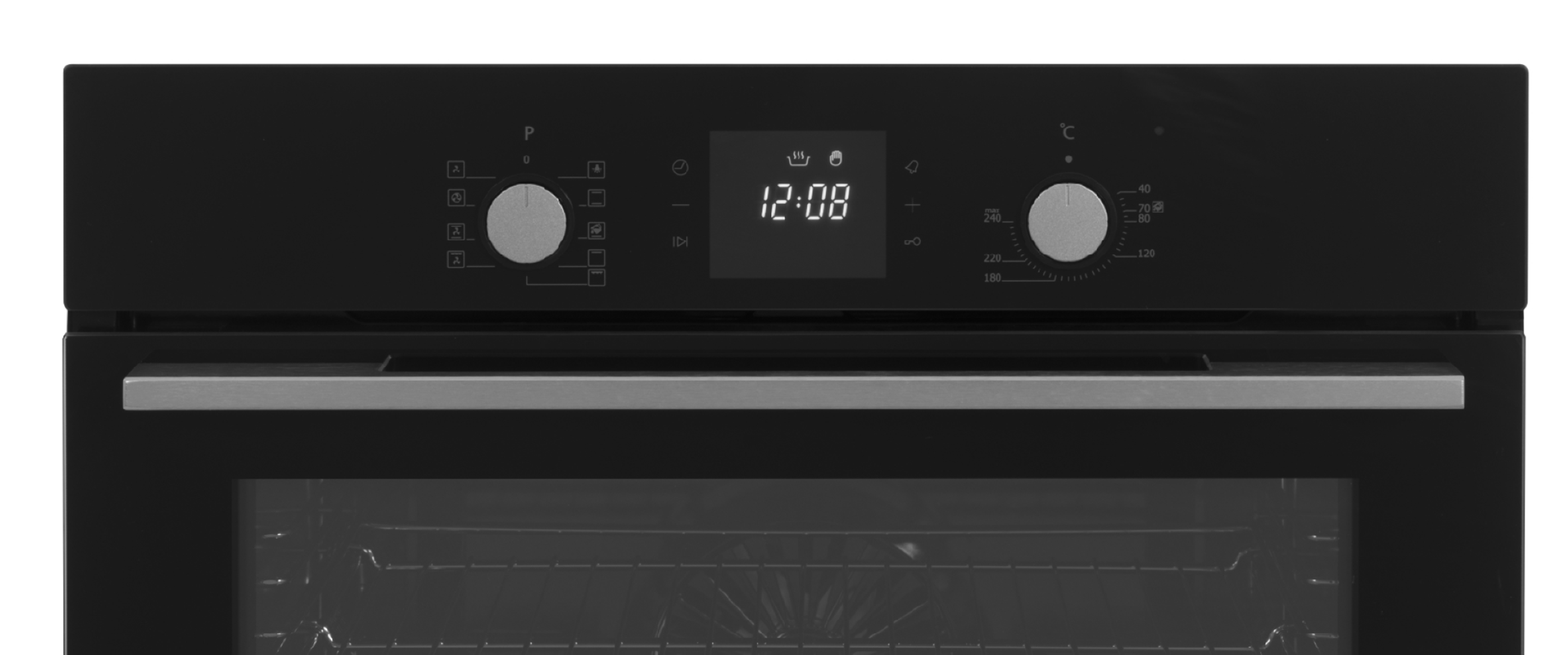 Pannello di controllo del forno nero. Manopole e display digitale. Sfondo bianco.
