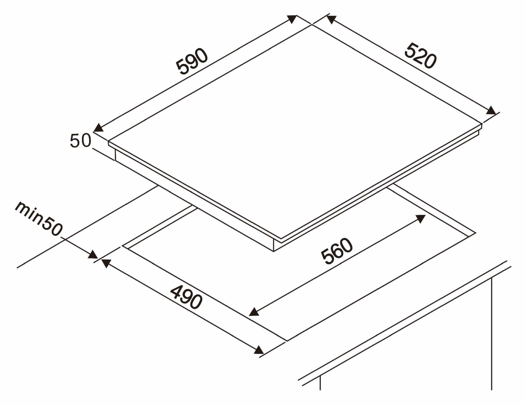 Een diagram met een zwart kooktoestel met afmetingen in millimeters.