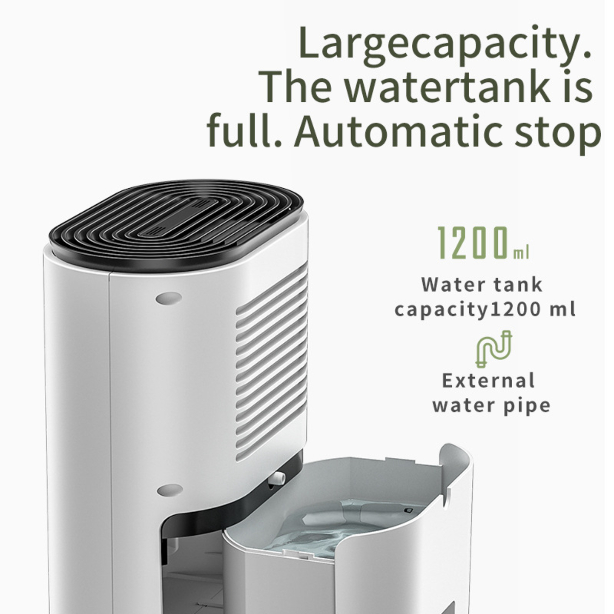 Weiß-schwarzer Luftreiniger mit vollem Wassertank. Text: 1200ml Tankinhalt, externer Wasseranschluss.