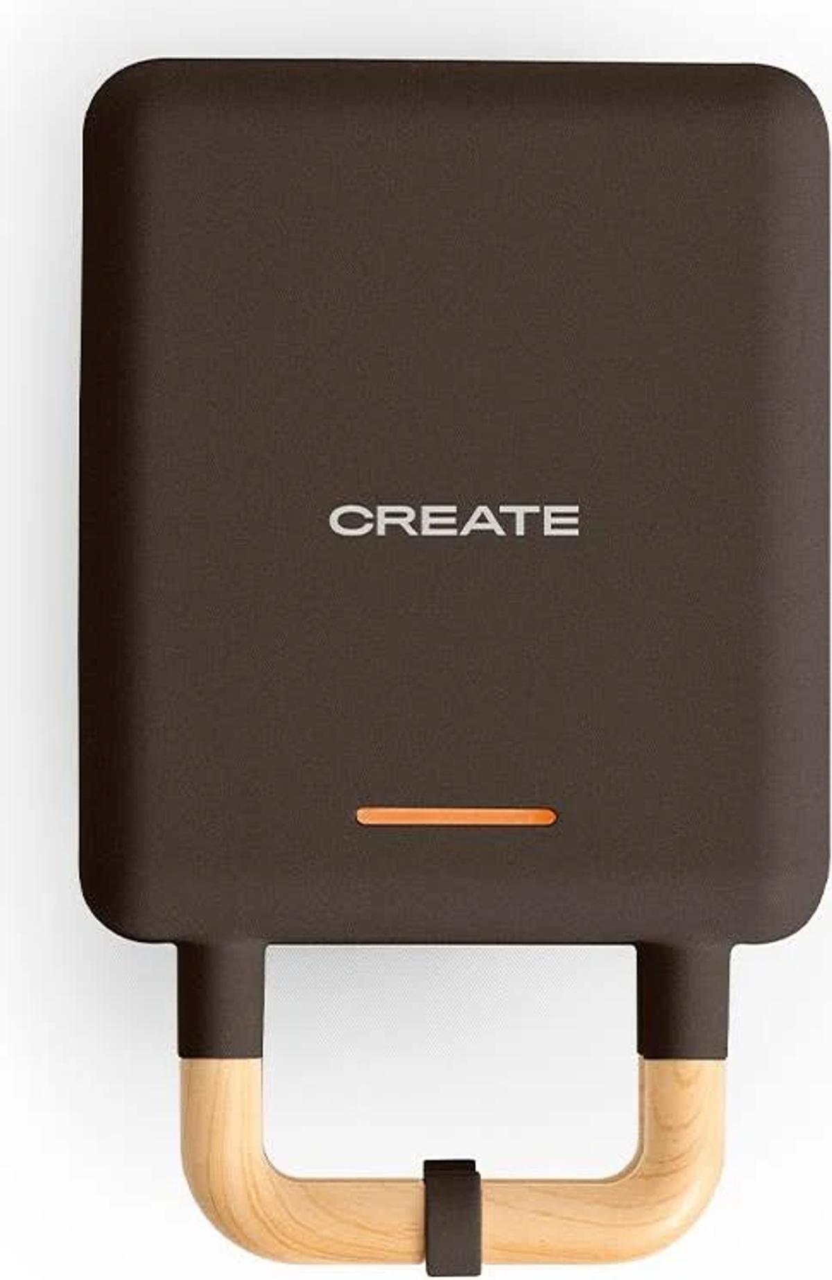 Electrodoméstico marrón con texto CREATE, asa de madera y luz naranja.