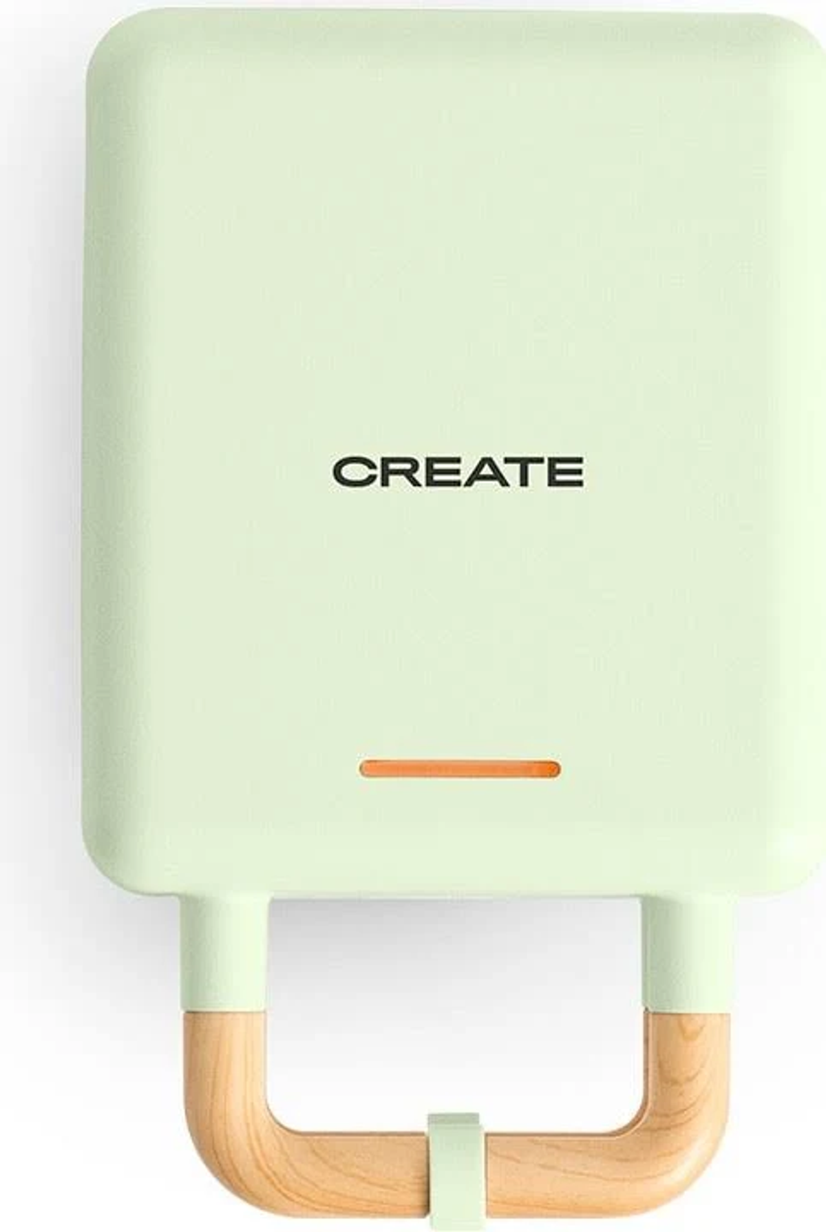 Wafflera verde menta con mango de madera. Texto: CREATE. Luz naranja.