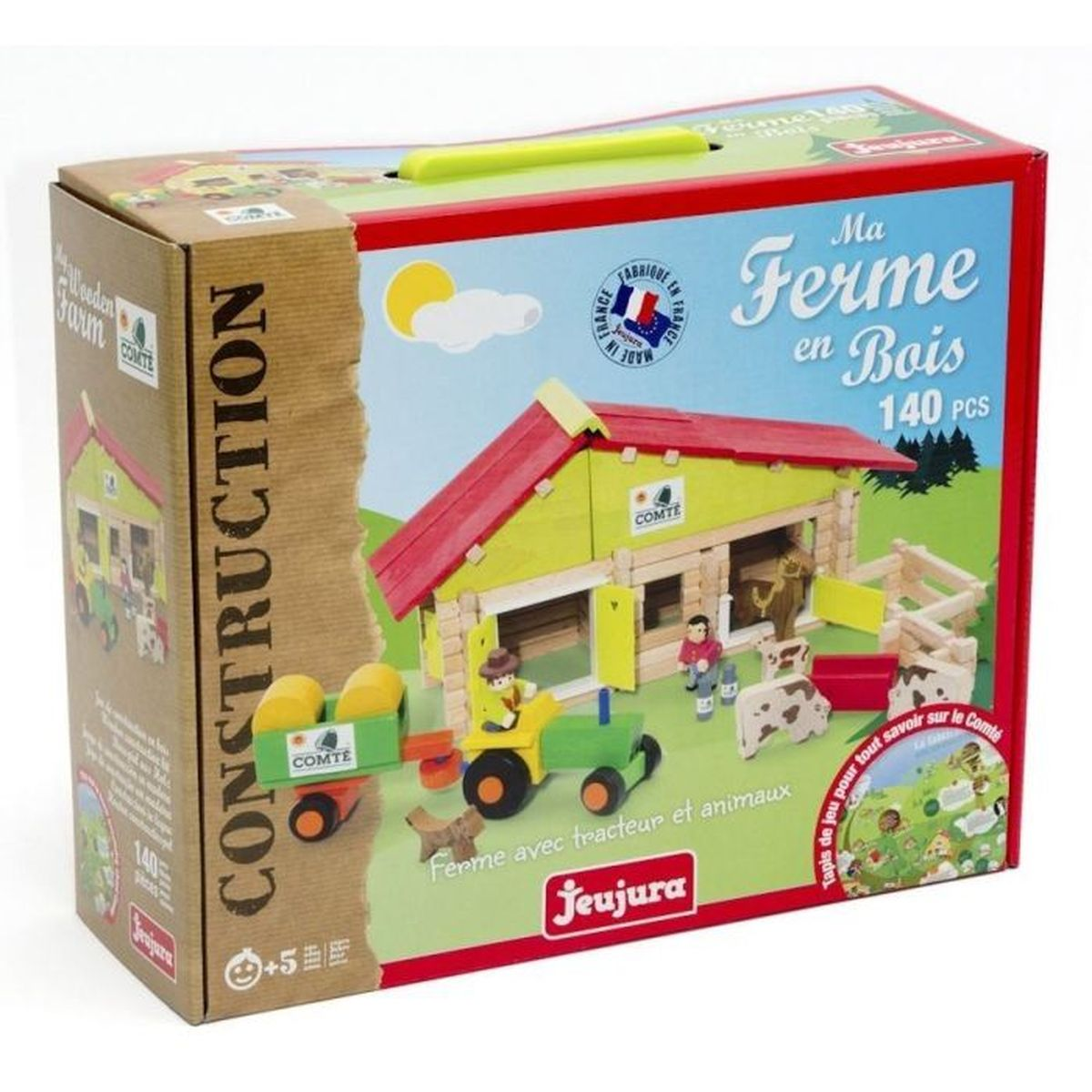 Box aus Holz mit Bauernhof-Spielzeug. Enthält Gebäude, Traktor, Tiere und Figuren.