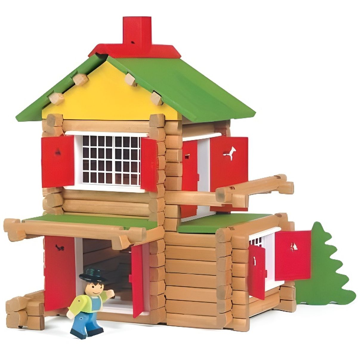 Casa giocattolo in legno con porte rosse, tetto verde e una piccola figura. Lo sfondo è bianco.