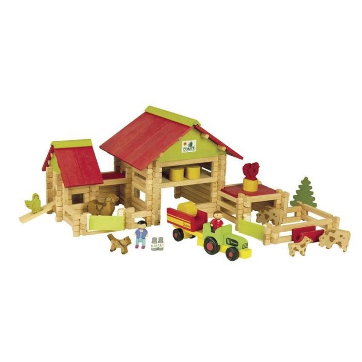 Set di giocattoli fattoria in legno. Include fienile, trattore, animali e personaggi.