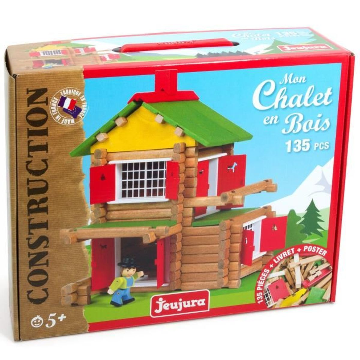 Un kit per la casa giocattolo in legno con tetto, porte e finestre rosse. La scatola dice 'Construction' e 'Mon Chalet en Bois'.