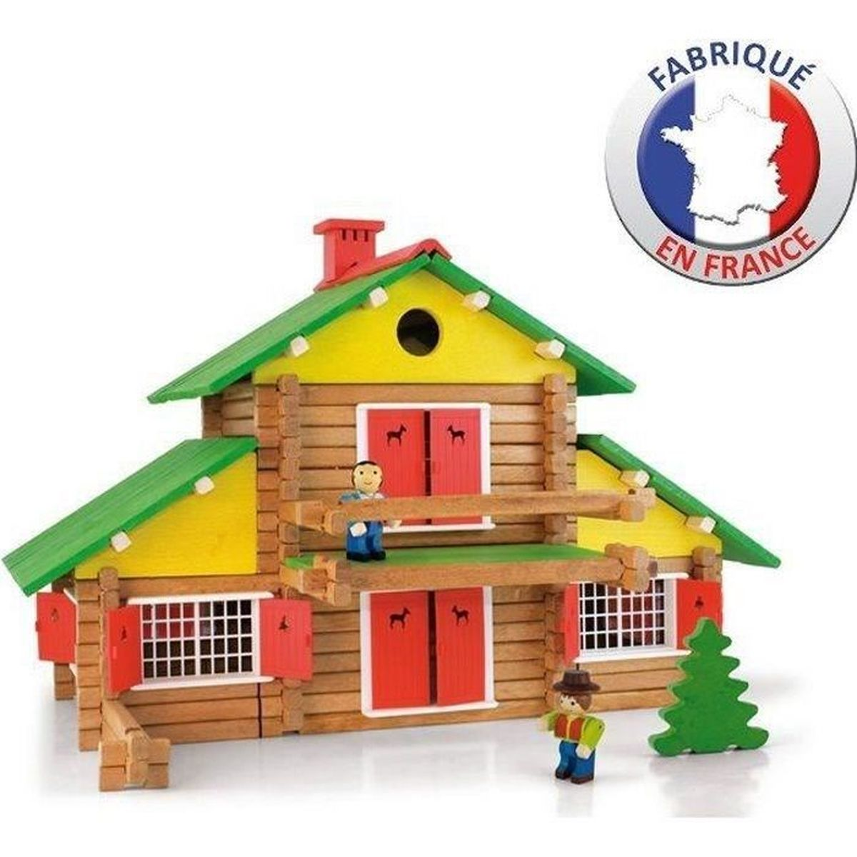 Casetta giocattolo in legno con figure, albero e logo 'Fabrique en France'. Sfondo bianco.
