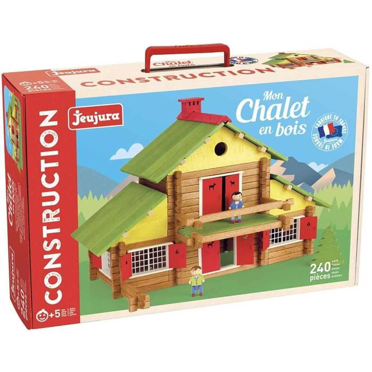 Set di costruzione chalet in legno in scatola. Mostra lo chalet assemblato, con figure. Sfondo bianco.
