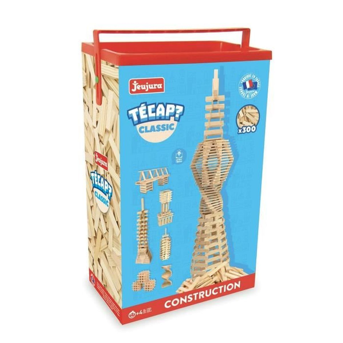 Scatola di giocattoli di costruzione in legno. Blu con testo e immagini. Maniglia rossa.