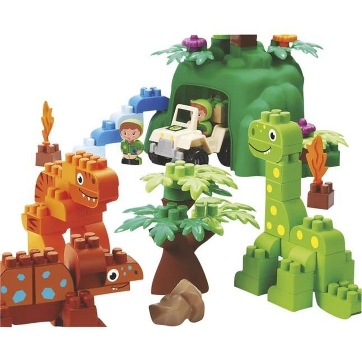 Eine Dinosaurier-Baustein-Szene mit einem Jeep, Dinosauriern, Bäumen und einer höhlenartigen Struktur.
