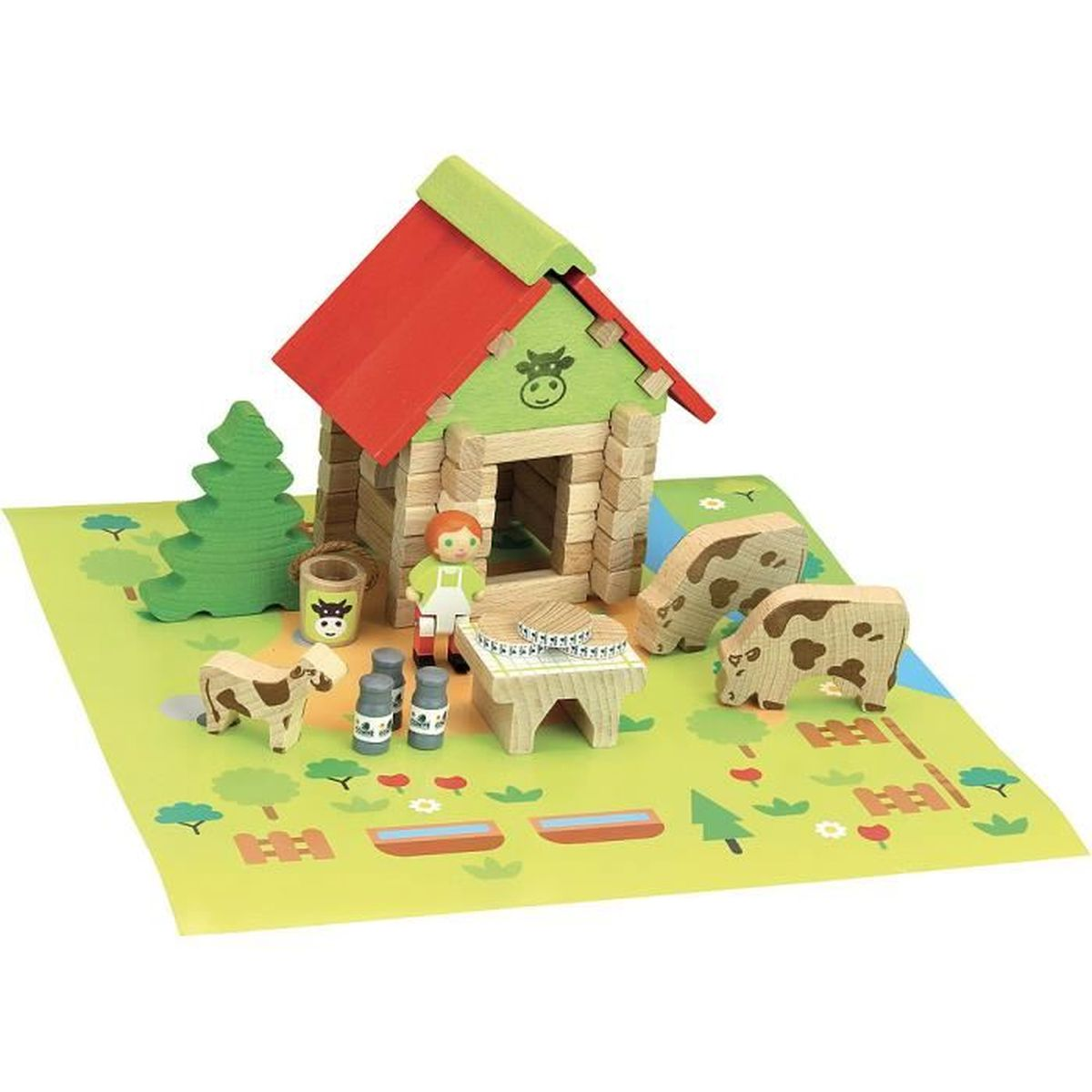 Set fattoria in legno con casa, figure, animali e accessori. Tappetino verde.