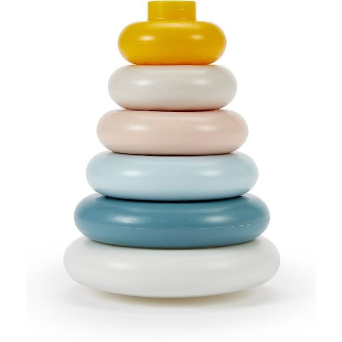 Zabawka do układania z pierścieniami w różnych kolorach i żółtym wierzchem.