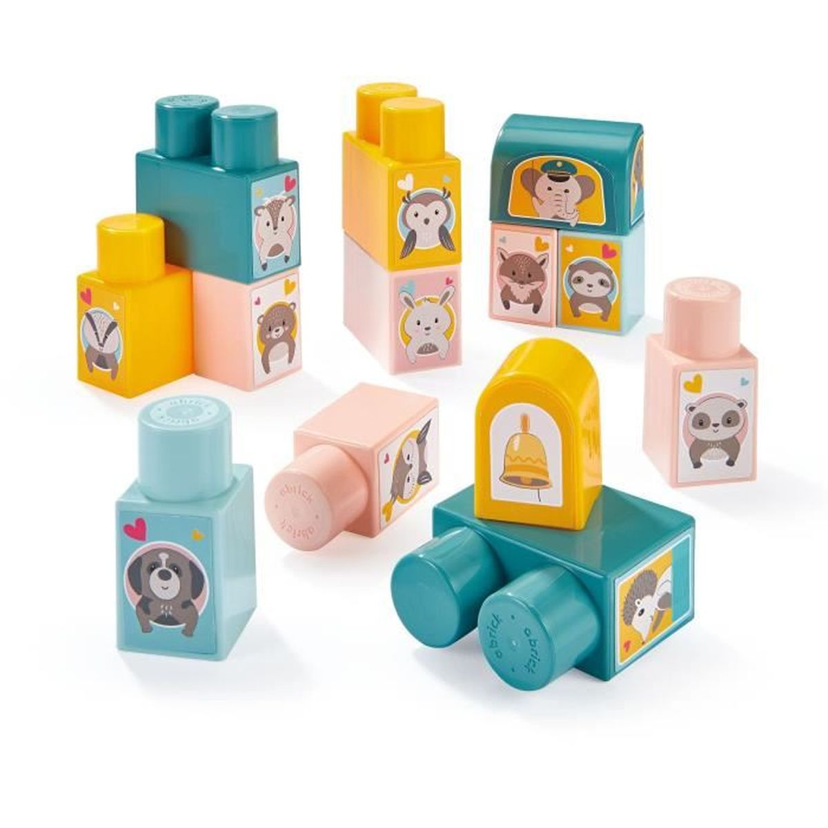 Mattoncini colorati per bambini con immagini di animali e campane.