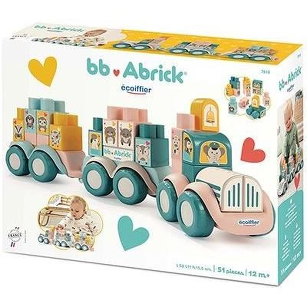 Un set di trenini giocattolo con blocchi colorati e figure di animali. La scatola mostra il set e un bambino che gioca.