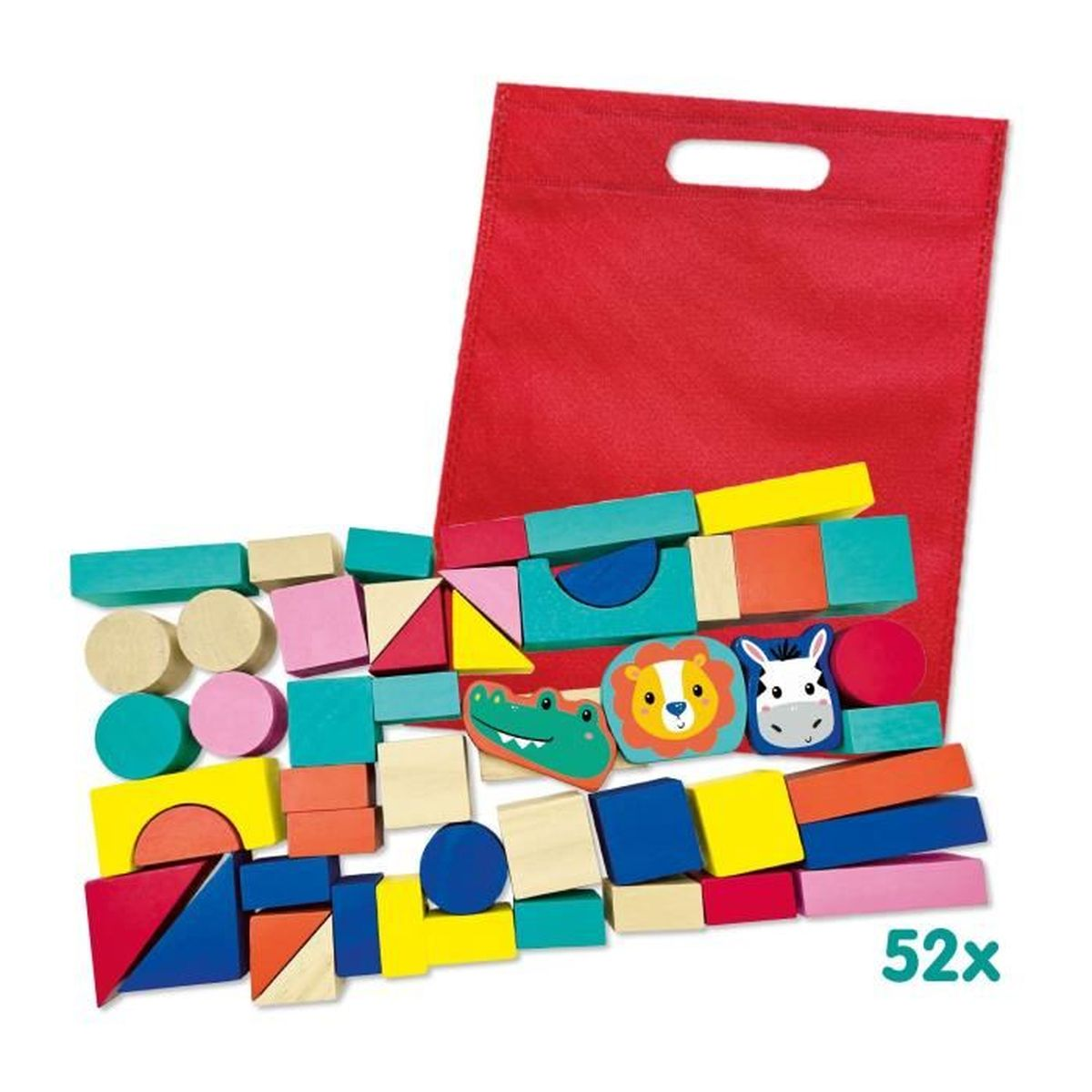 Blocchi di legno in un sacco rosso. Include forme di animali, forme geometriche colorate.