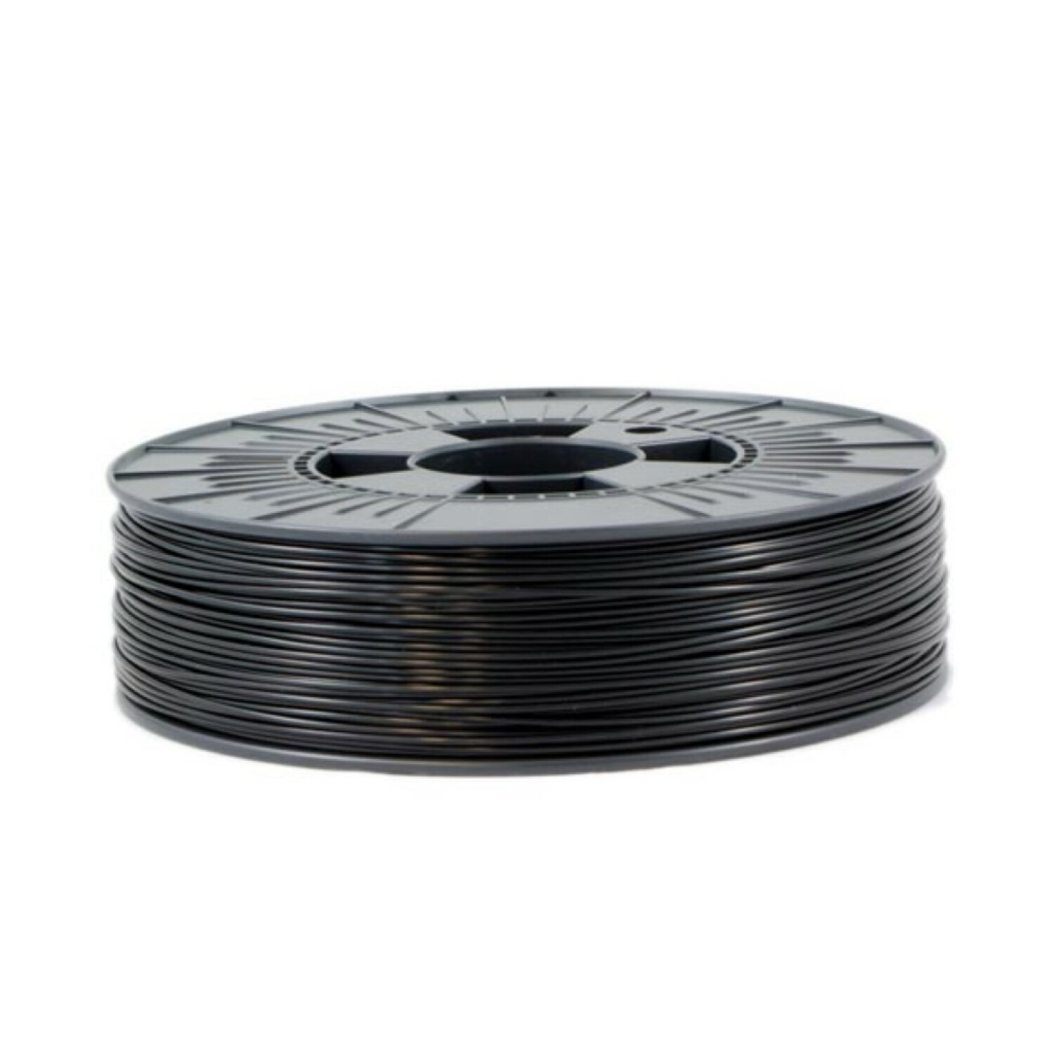 Schwarze Filament-Spule auf weißem Hintergrund.