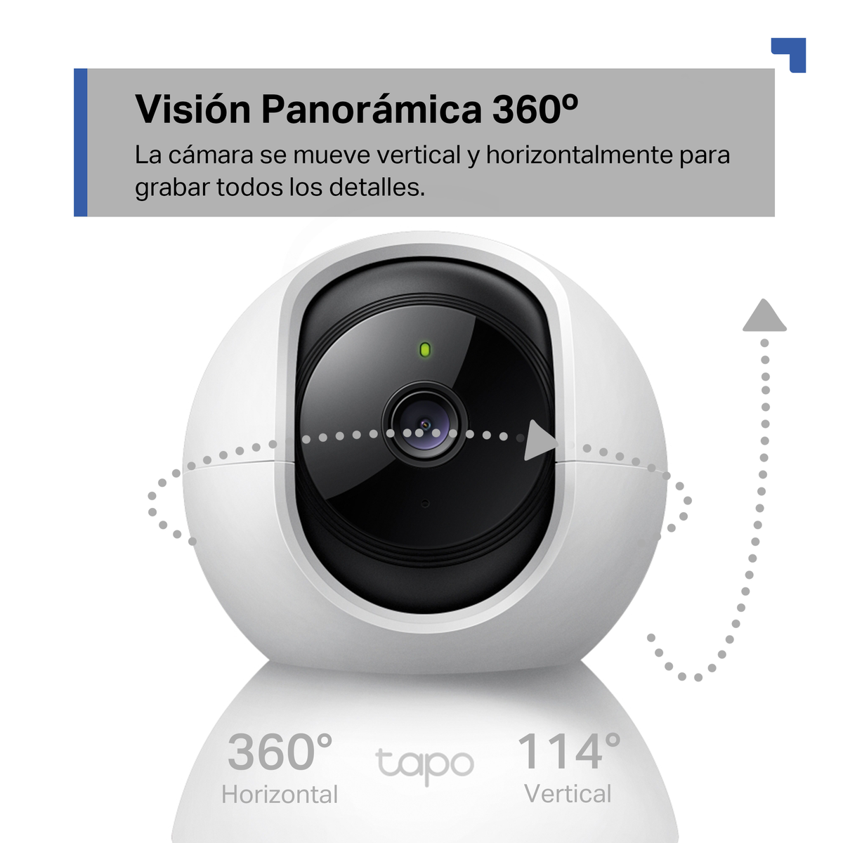 Biała, sferyczna kamera bezpieczeństwa z czarnym obiektywem. Tekst wskazuje widok 360°.