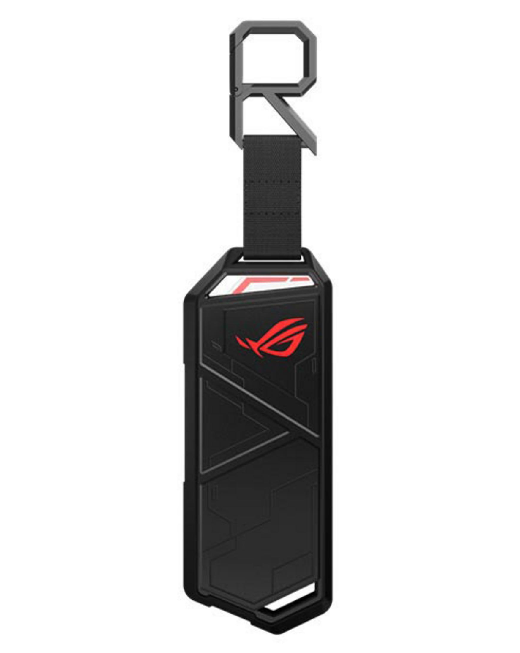 Portachiavi ROG rettangolare nero con logo rosso e cinturino. Una clip metallica è in alto.