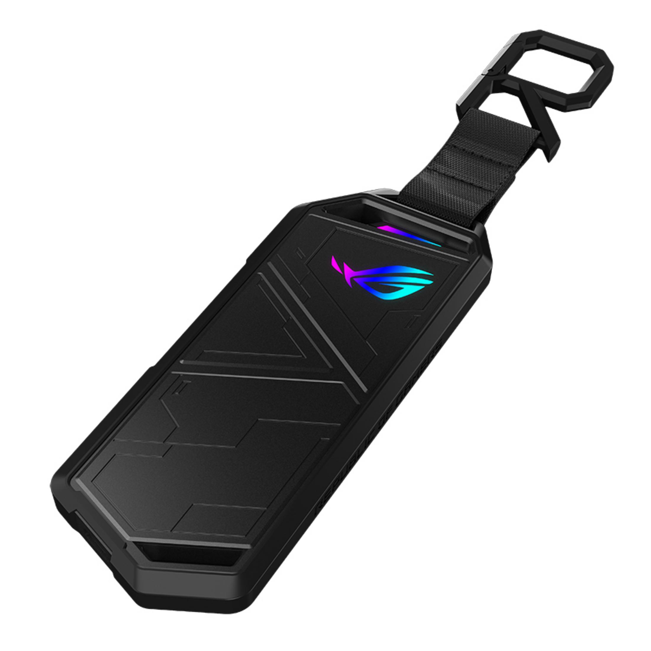 Accessorio nero per telefono ROG con cinturino e moschettone. Caratterizzato da logo illuminato e superficie strutturata.