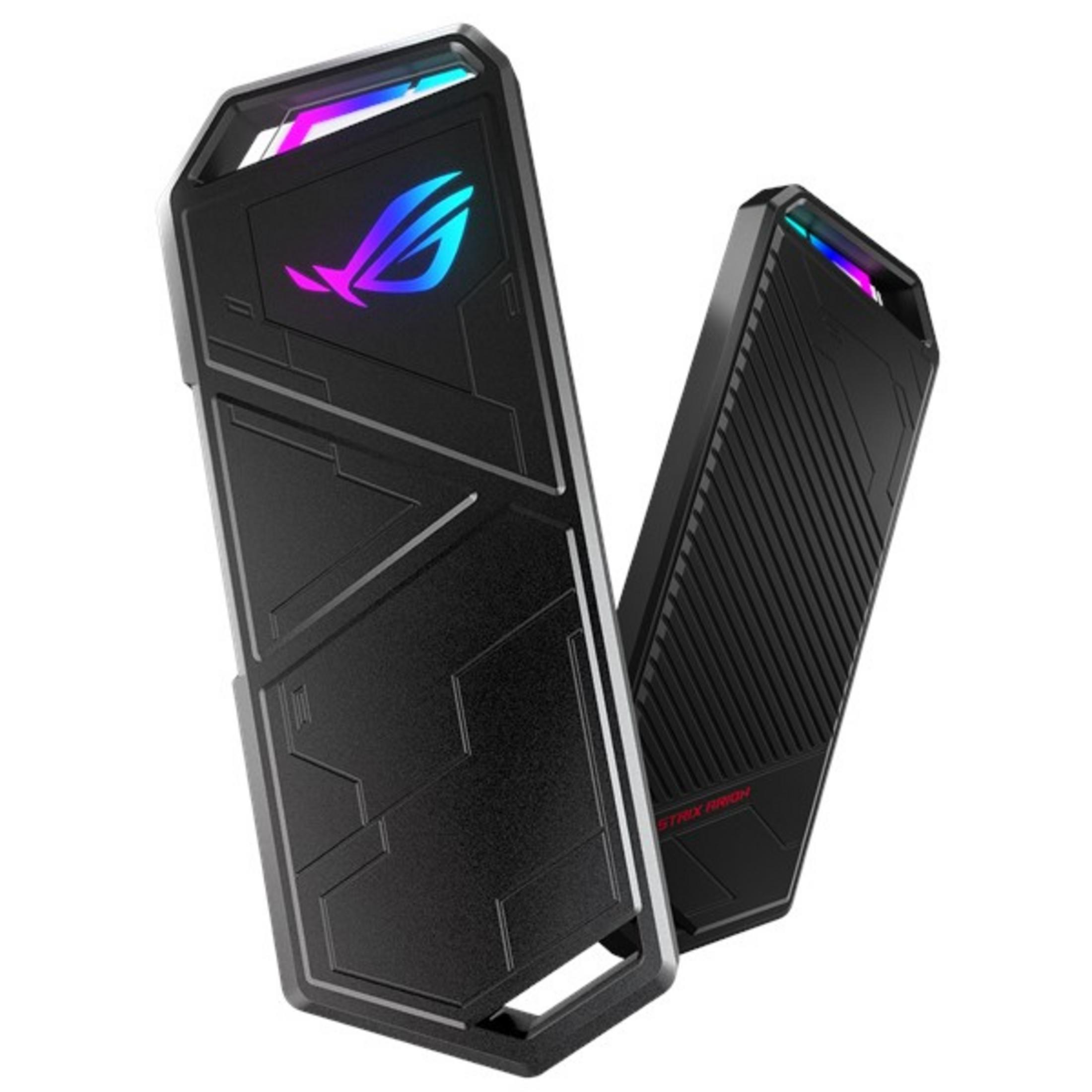 Due case da gioco ROG Strix nere con illuminazione RGB su sfondo bianco. Uno è in posizione verticale, l'altro inclinato.