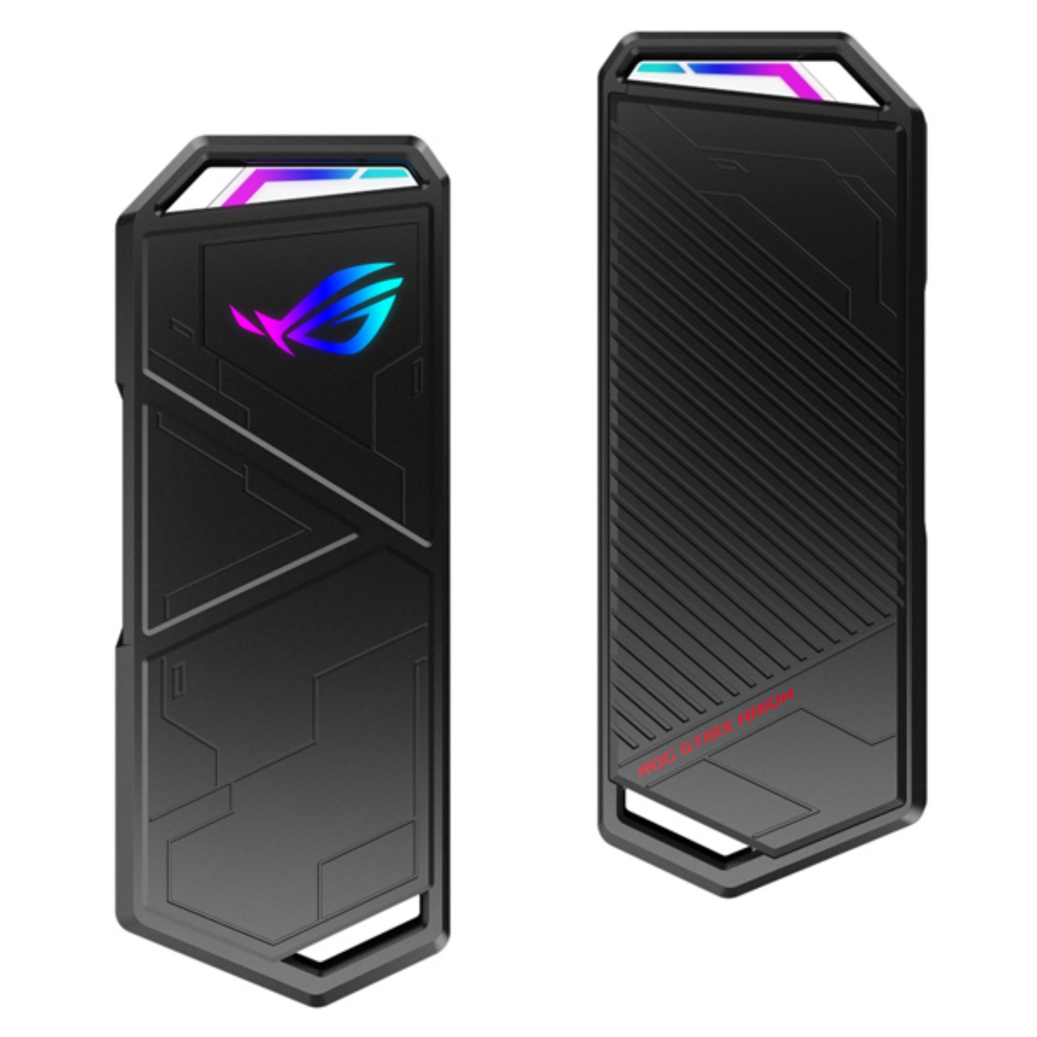 Due componenti per computer ROG Strix neri. Uno ha logo e motivi, l'altro linee oblique e testo ROG Strix.