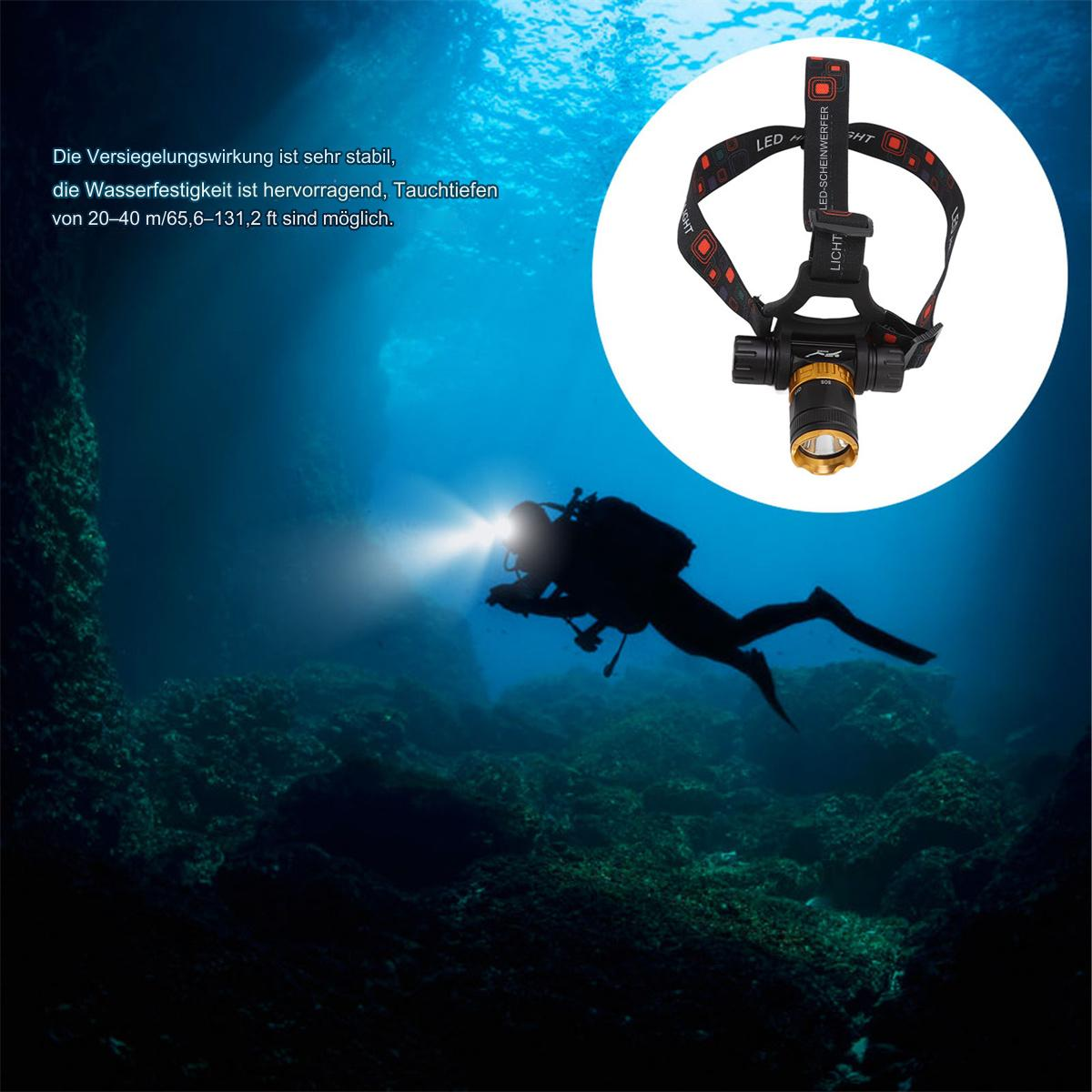 Ein Taucher im tiefblauen Ozean mit einer Stirnlampe. Text sagt, wasserdicht, Tiefe von 20-40m.