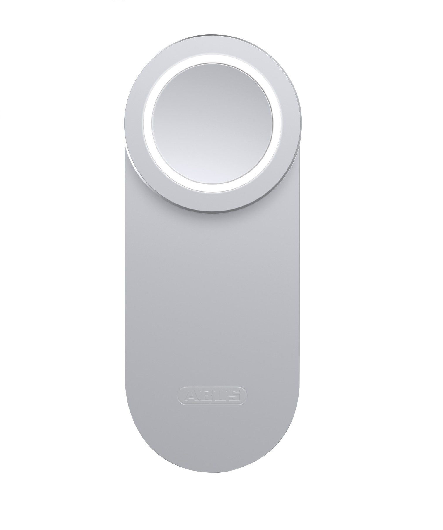 Biały wieszak na drzwi z okrągłym światłem. Słowo 'ABUS' znajduje się na dole.