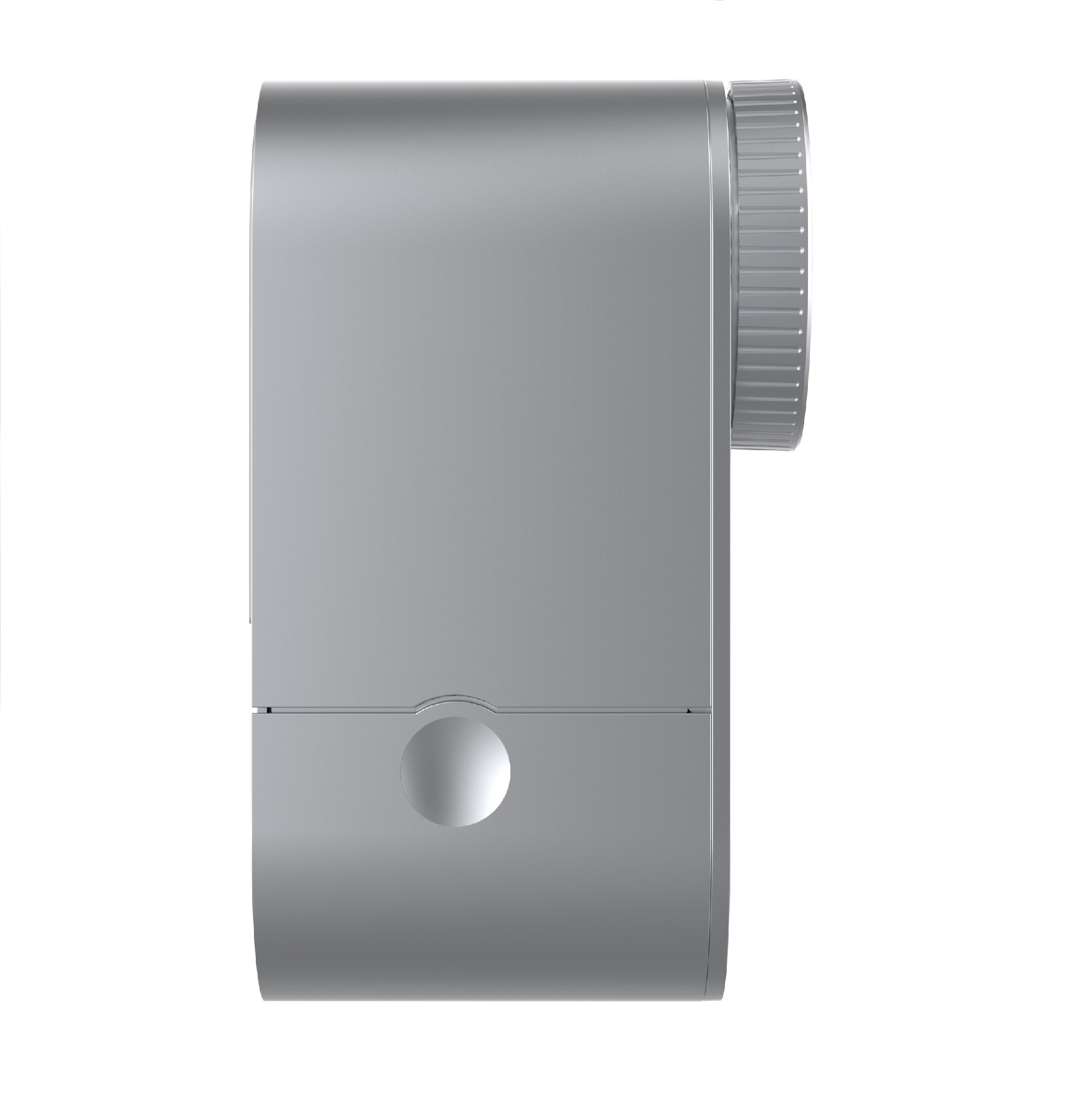 Widok z boku małego, metaliczno-szarego urządzenia, prawdopodobnie gadżetu smart home.