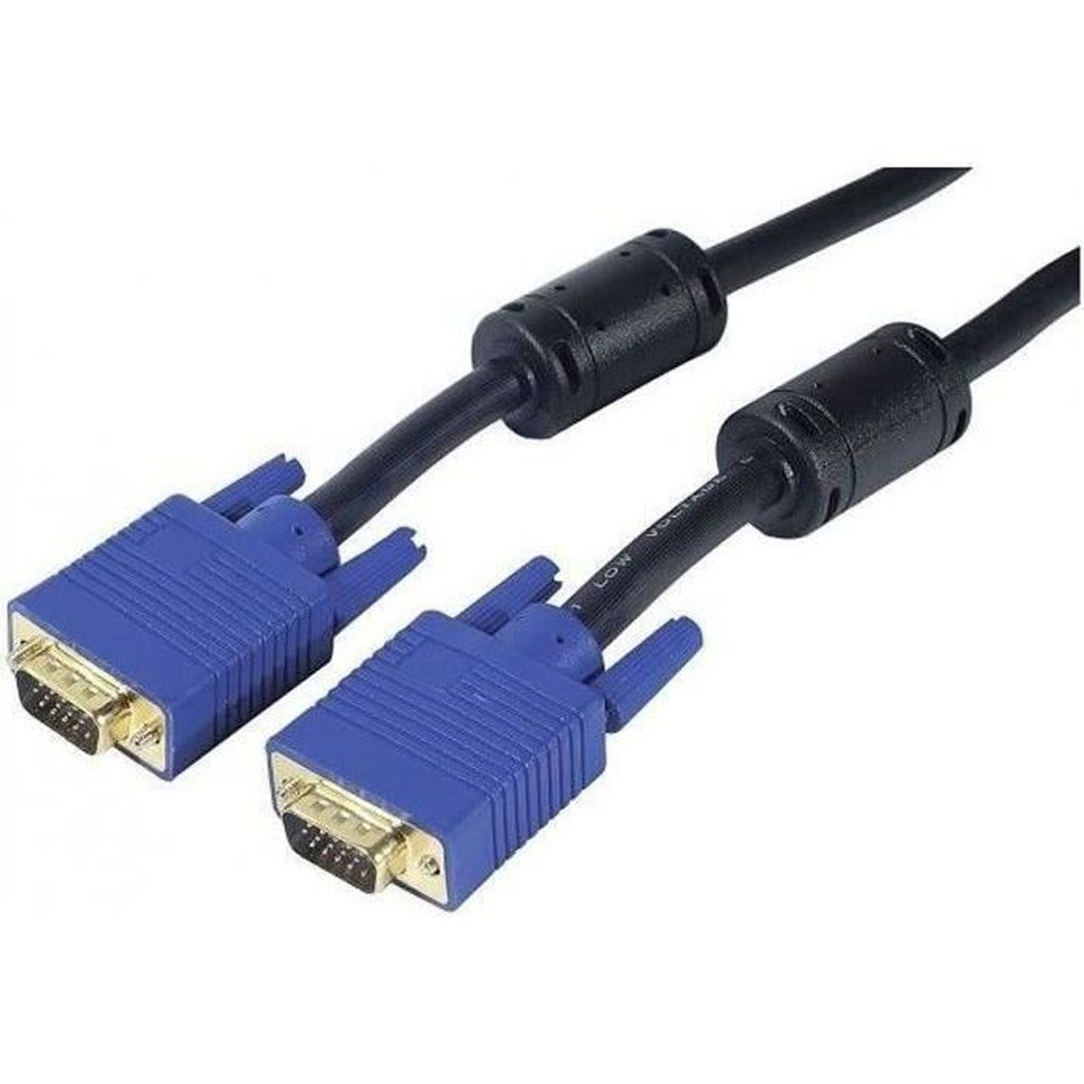 Cavi VGA blu con connettori metallici. Sono su sfondo bianco.