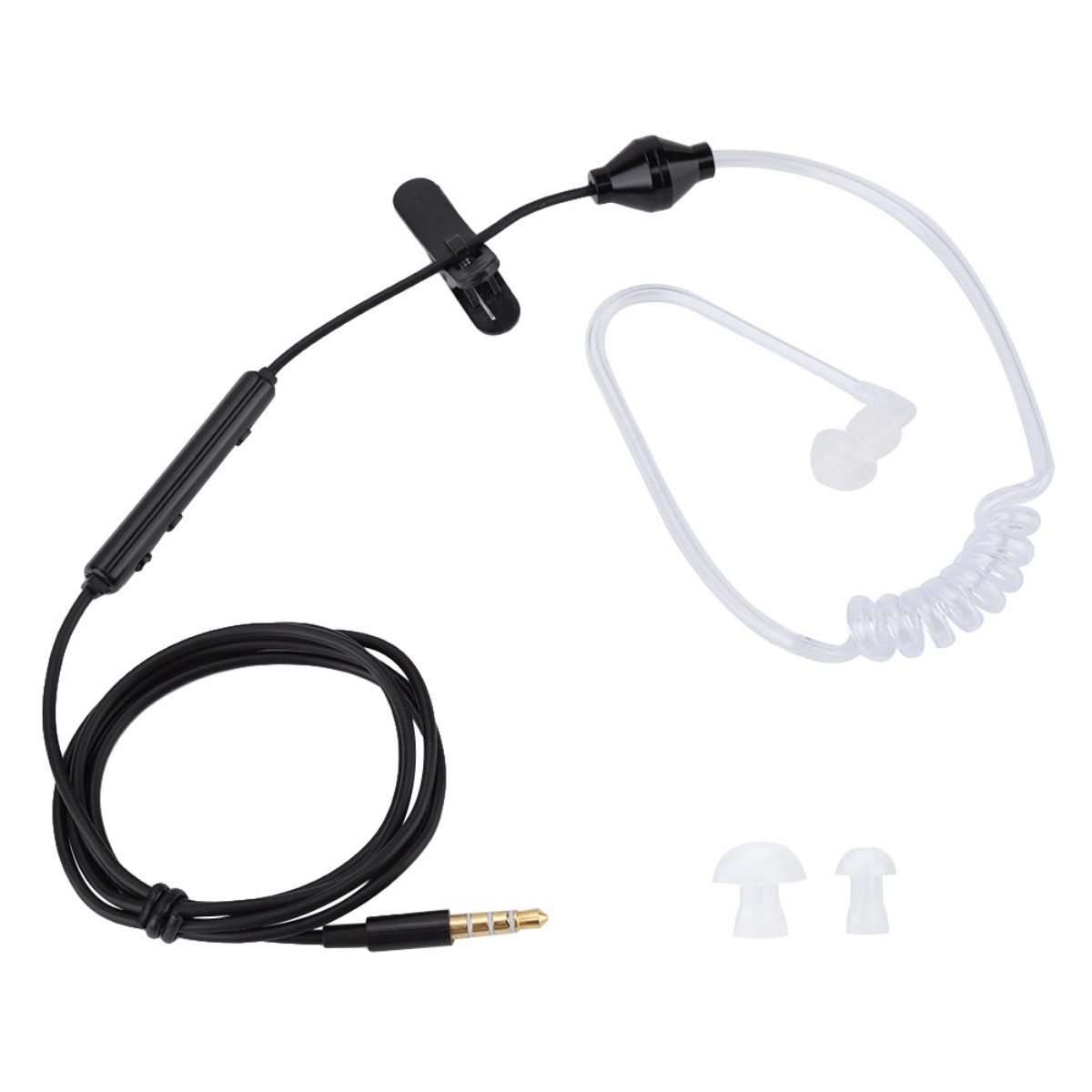Ein In-Ear-Ohrhörer mit durchsichtigem Schlauch, schwarzem Kabel und Clip.