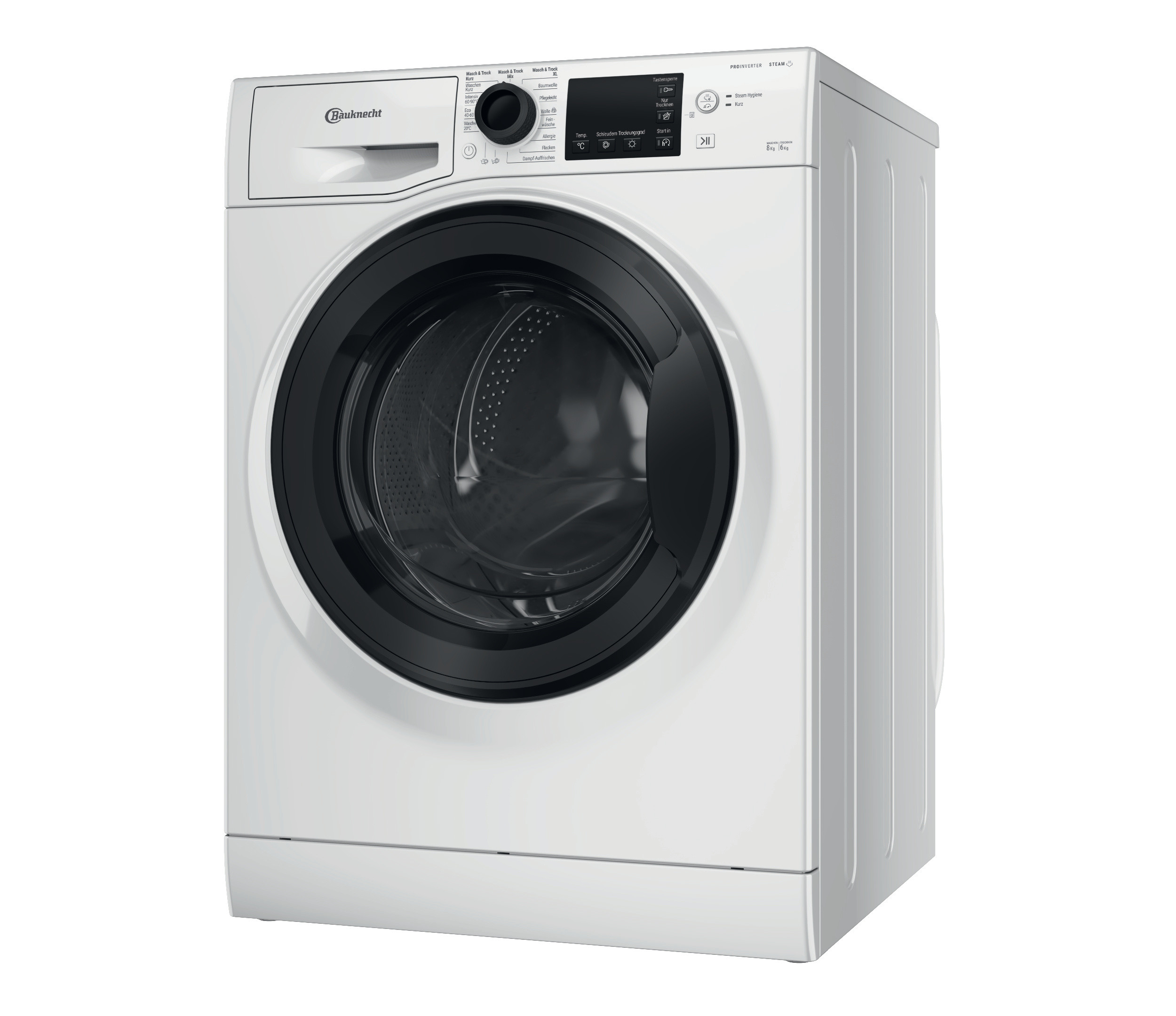 Eine weiße Waschmaschine. Es ist ein Frontlader-Modell mit schwarzer Tür.