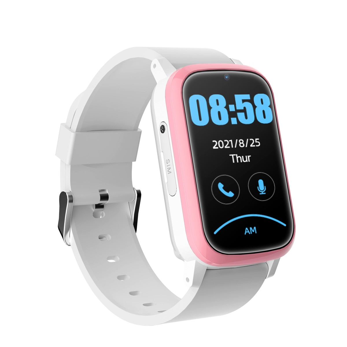 Rosa und weiße Smartwatch, die Zeit und Datum anzeigt. Zeigt ein Telefonanruf- und Mikrofon-Symbol.