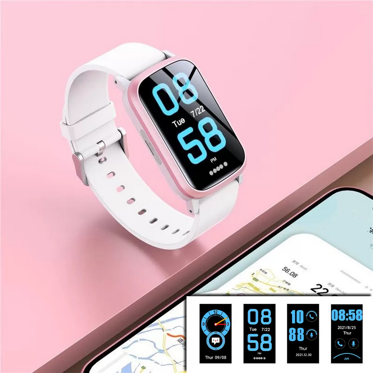 Eine rosa Smartwatch mit weißem Armband zeigt Datum und Uhrzeit an. Mehrere andere Zifferblätter werden unten angezeigt.