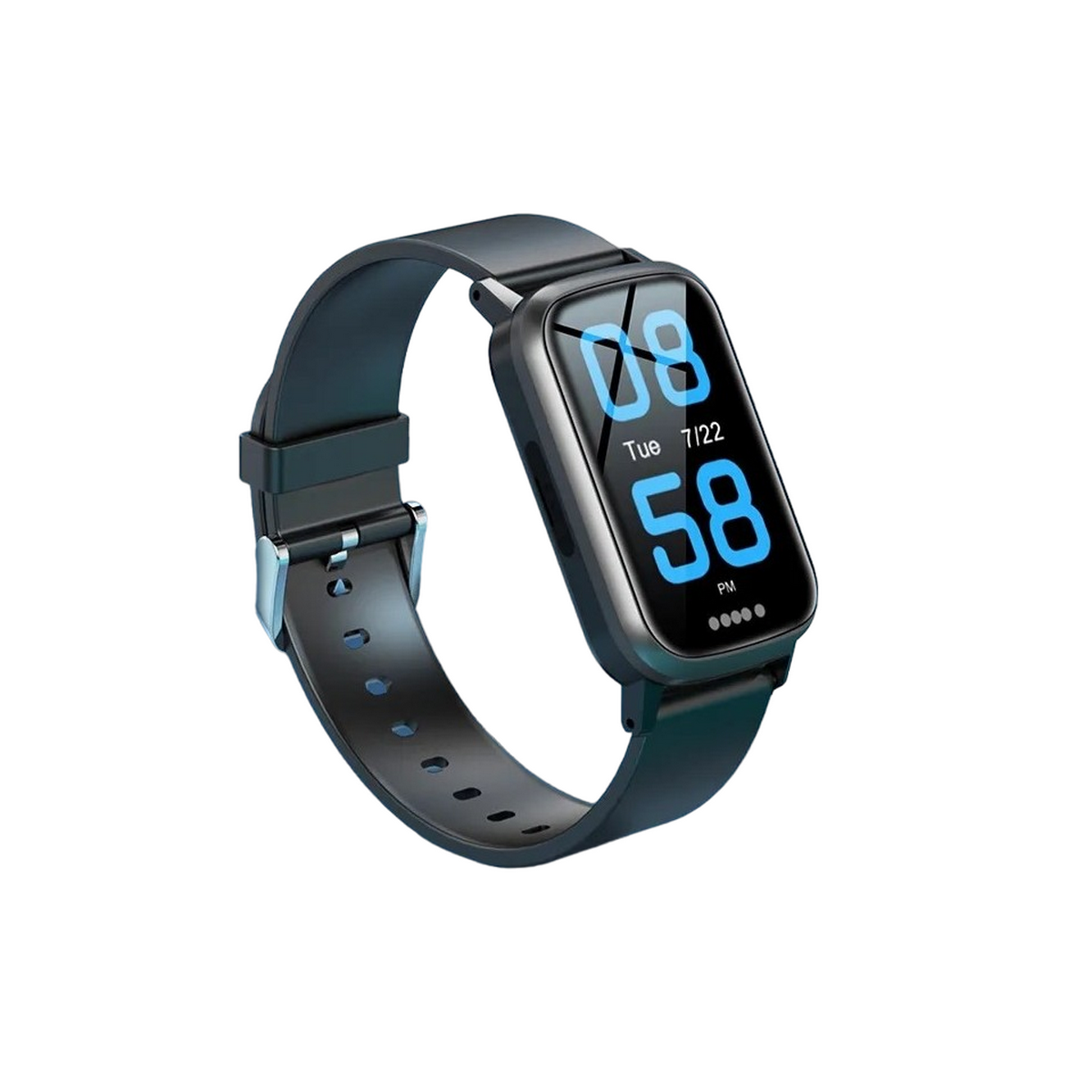 Schwarze Smartwatch mit schwarzem Armband, das Zeit und Datum anzeigt, vor weißem Hintergrund.