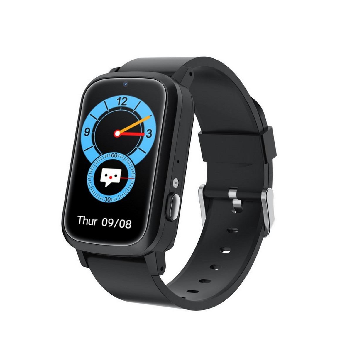Schwarze Smartwatch mit Touchscreen, der eine Uhr anzeigt. Die Uhr hat ein schwarzes Armband.