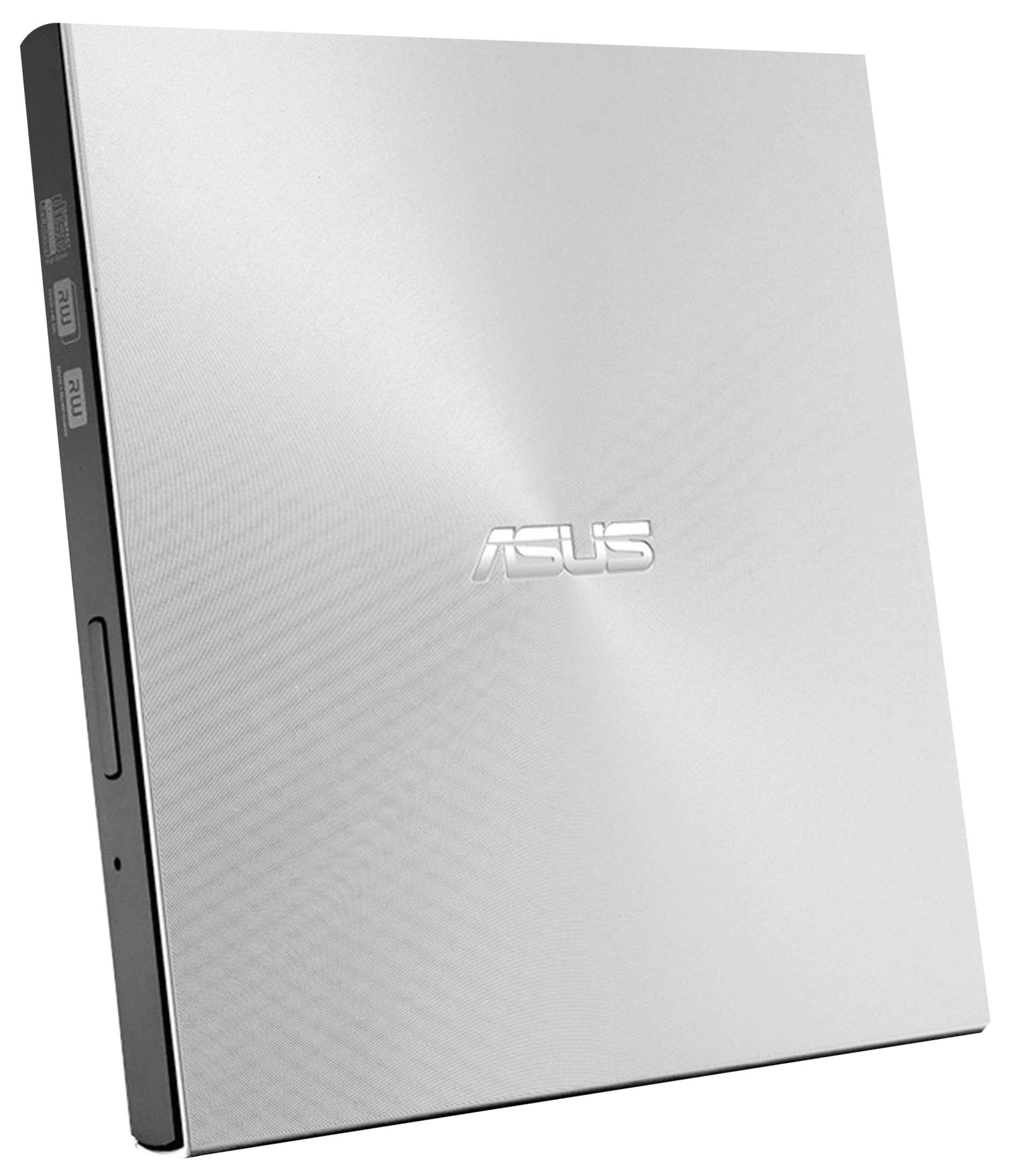 Srebrny zewnętrzny napęd DVD ASUS, zamknięty, z logo. Czarna obwódka. Widok z góry.