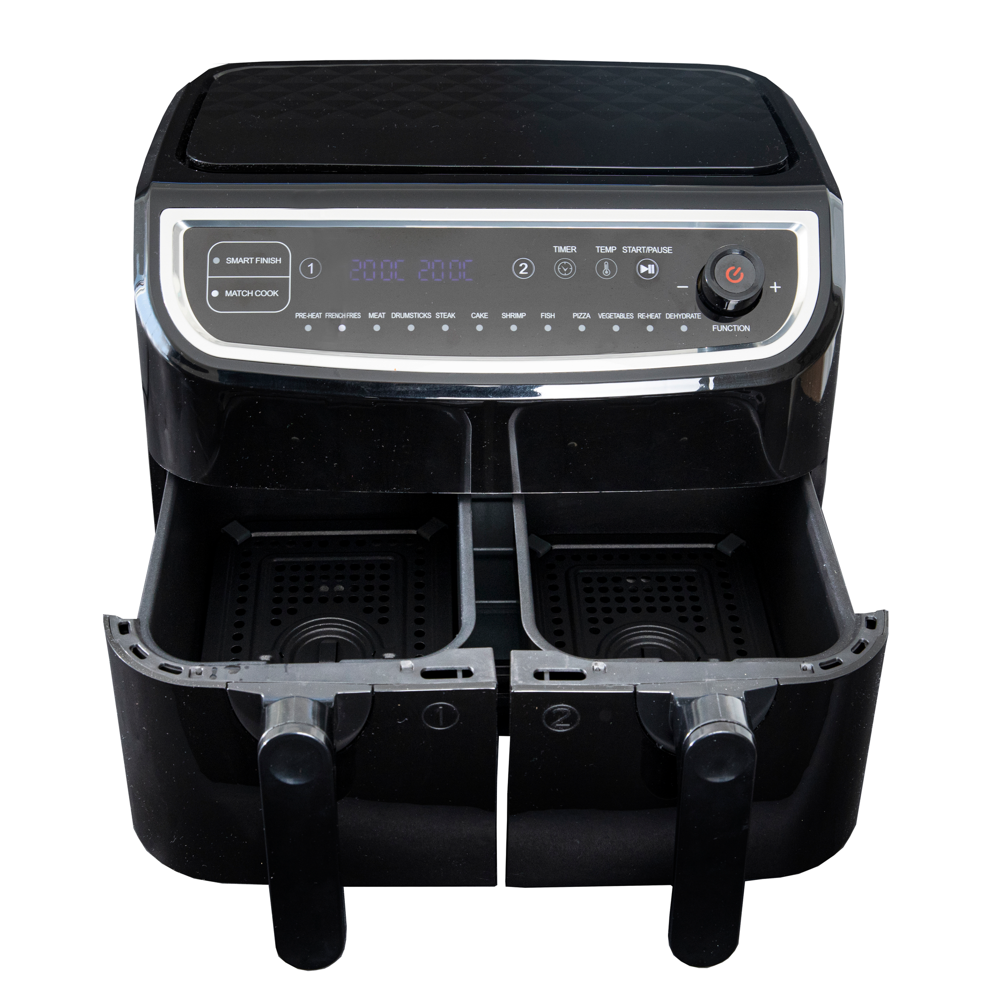 Zwarte airfryer met open laden. Digitale display. Bedieningspaneel. Witte achtergrond.