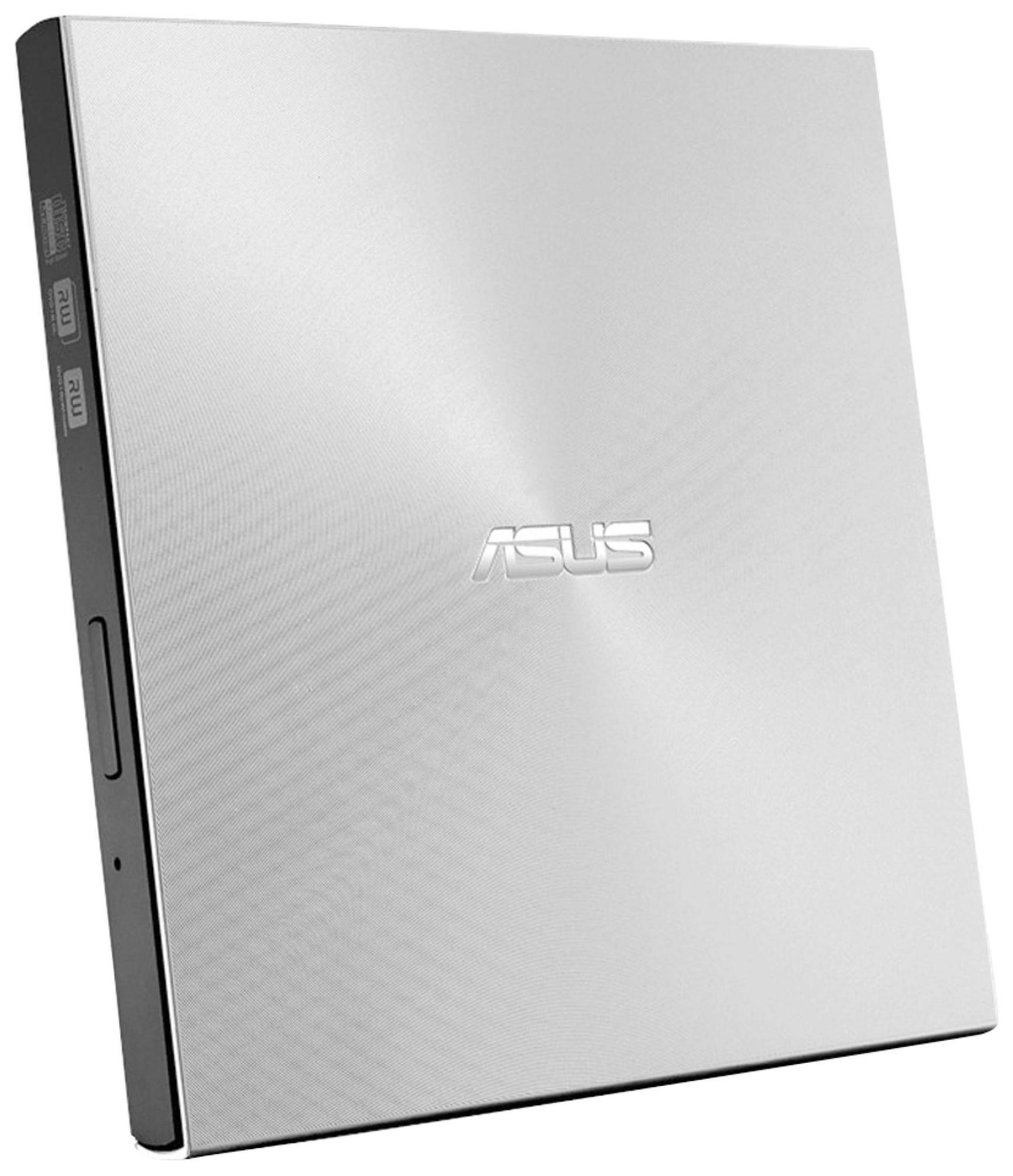 Srebrny zewnętrzny napęd DVD ASUS z widocznym logo. Design jest gładki i metaliczny.