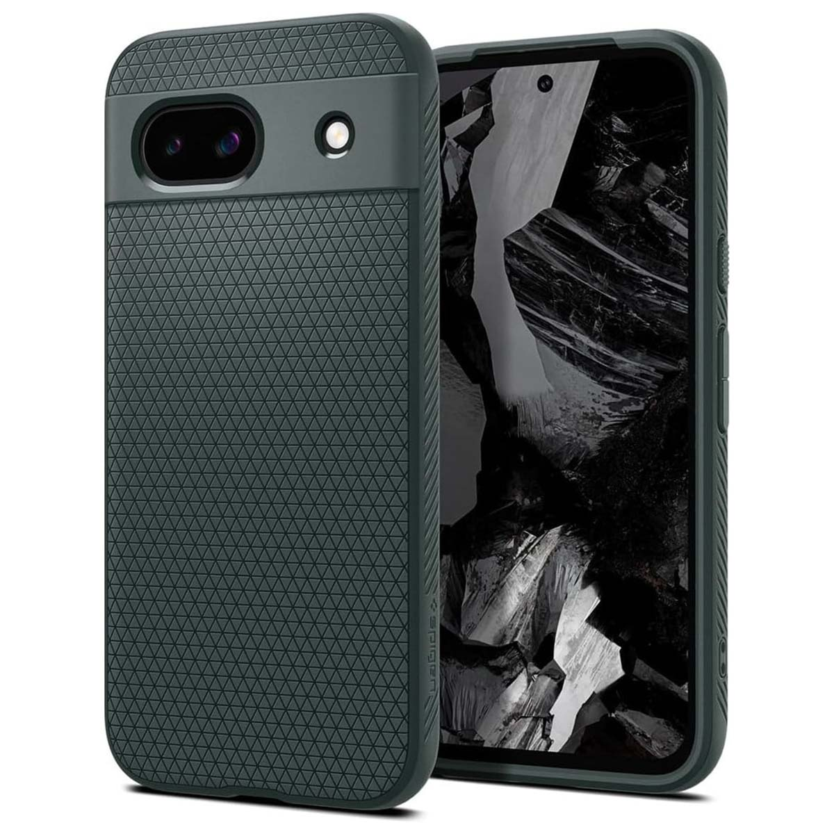 Une coque de téléphone vert foncé avec une découpe pour l'appareil photo et un dos texturé.