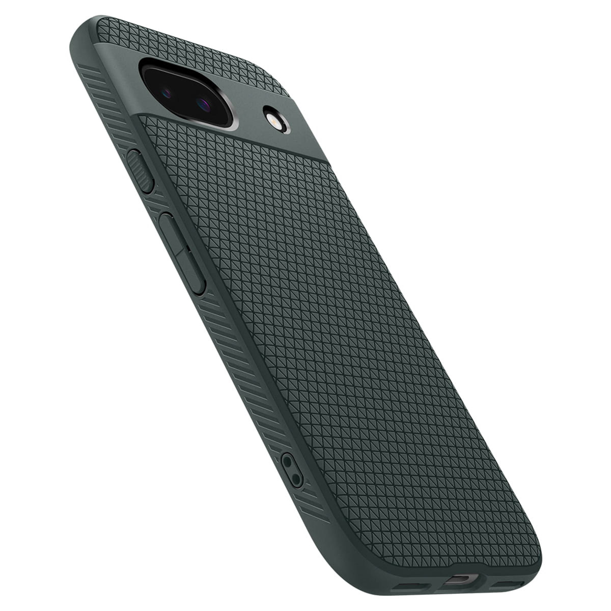 Coque de téléphone gris foncé avec motif texturé. Découpe caméra et boutons latéraux visibles.
