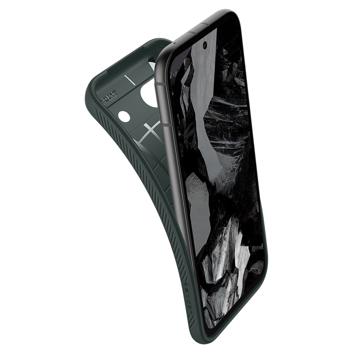 Coque de téléphone avec téléphone à l'intérieur, couleur vert foncé. Détails intérieurs visibles. Vue en angle.