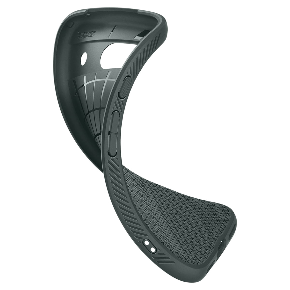 Coque de téléphone noire, vue intérieure avec un motif texturé.
