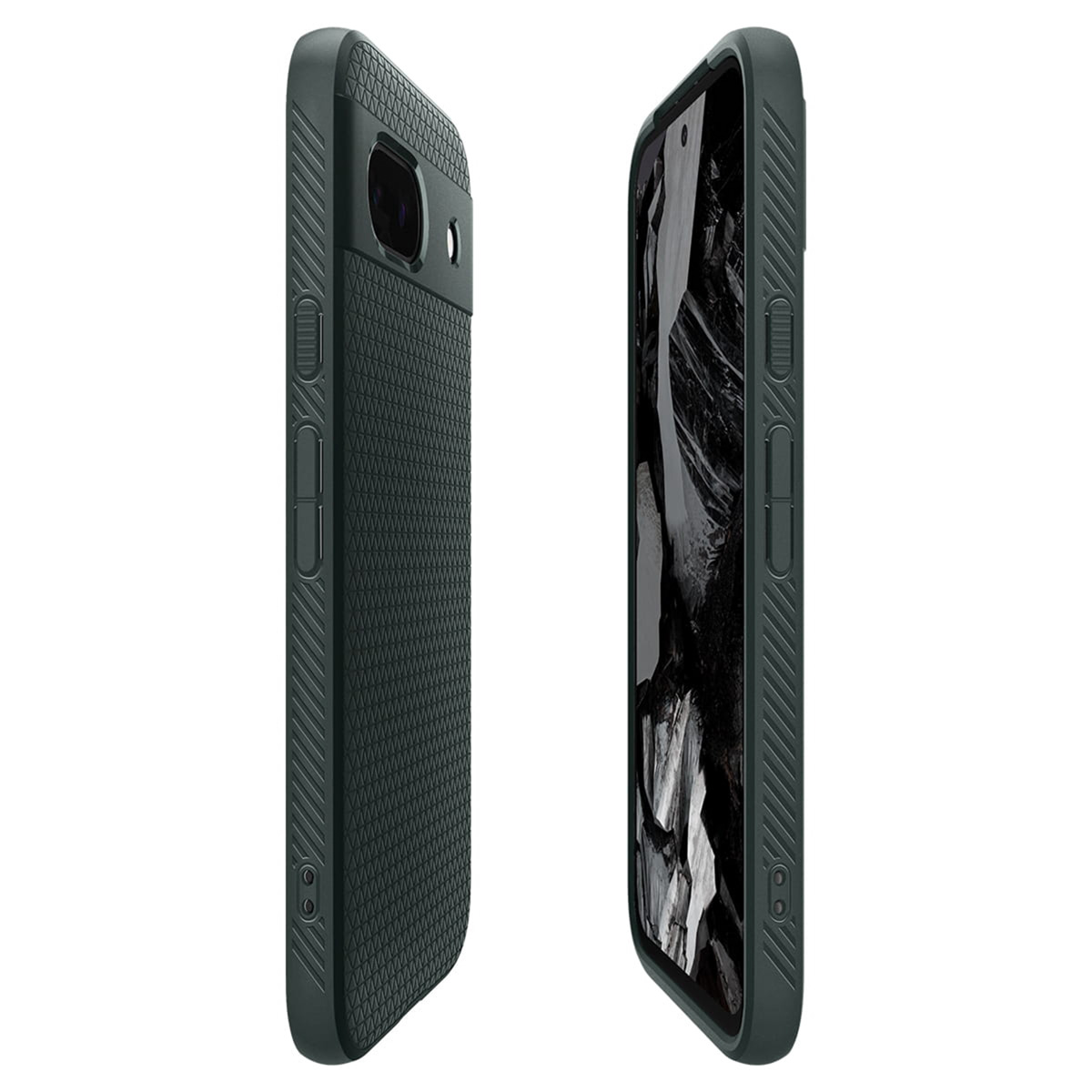 Deux vues latérales d'une coque de téléphone noire. La coque a un côté texturé et des boutons.