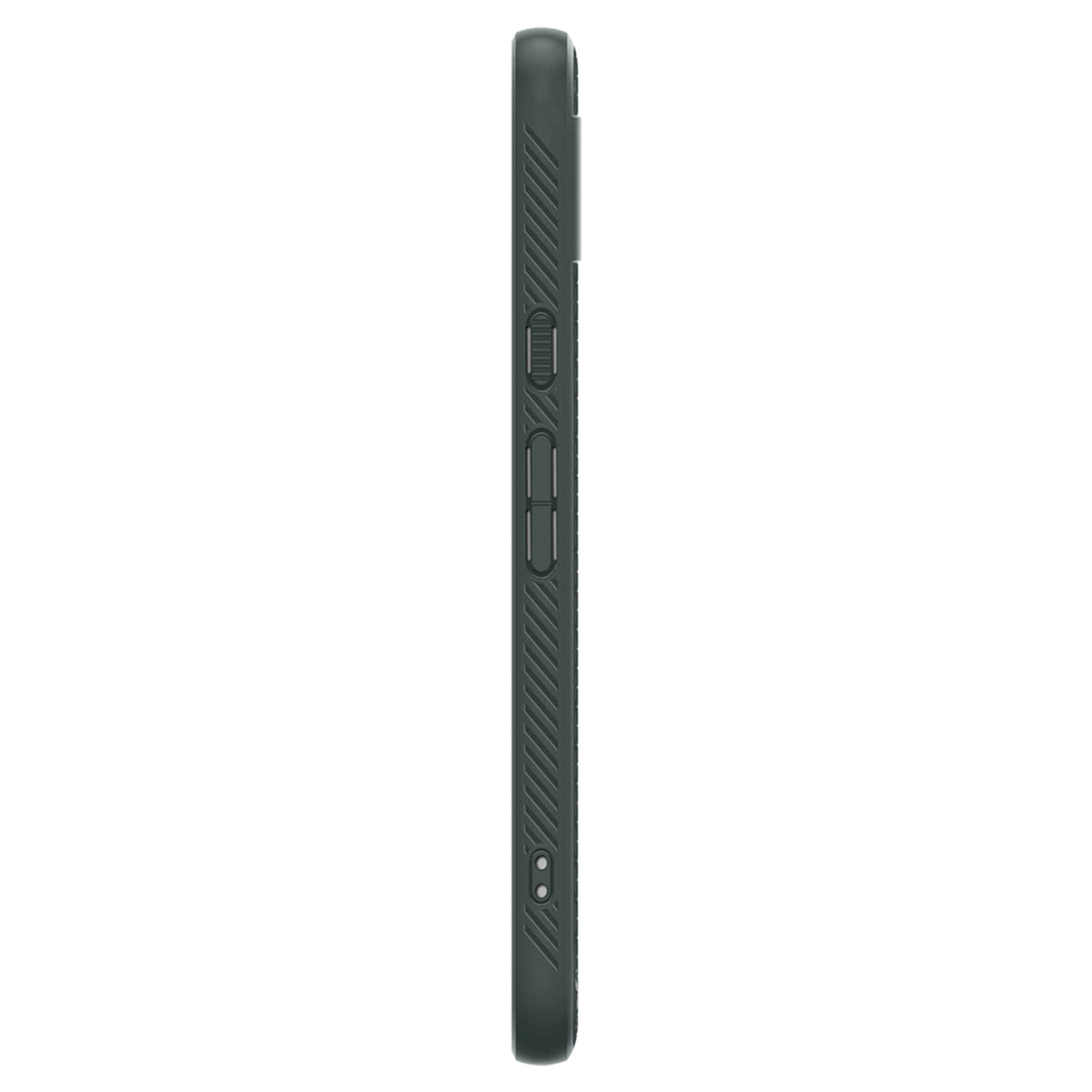 Vue latérale de l'étui de téléphone vert foncé. Il a des boutons et des textures. L'étui est légèrement incurvé.