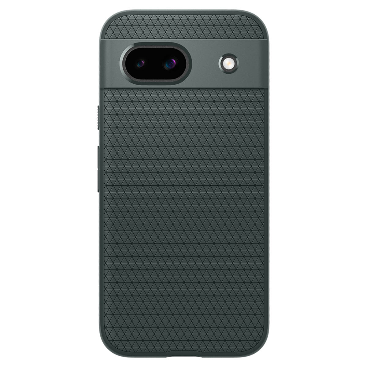 Coque de téléphone gris foncé avec découpe caméra et dos texturé.