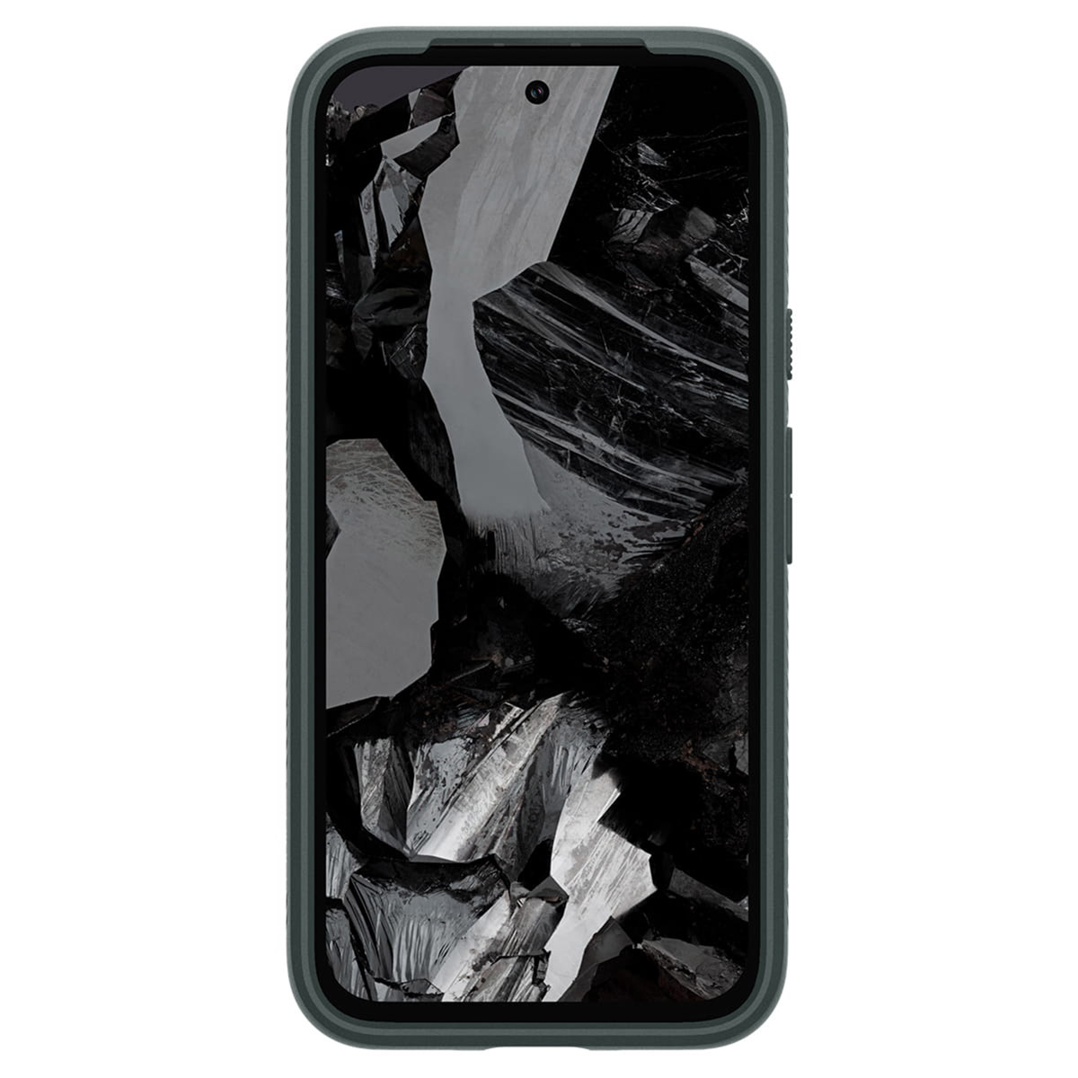 Smartphone avec cadre vert foncé affichant un arrière-plan abstrait noir et blanc.