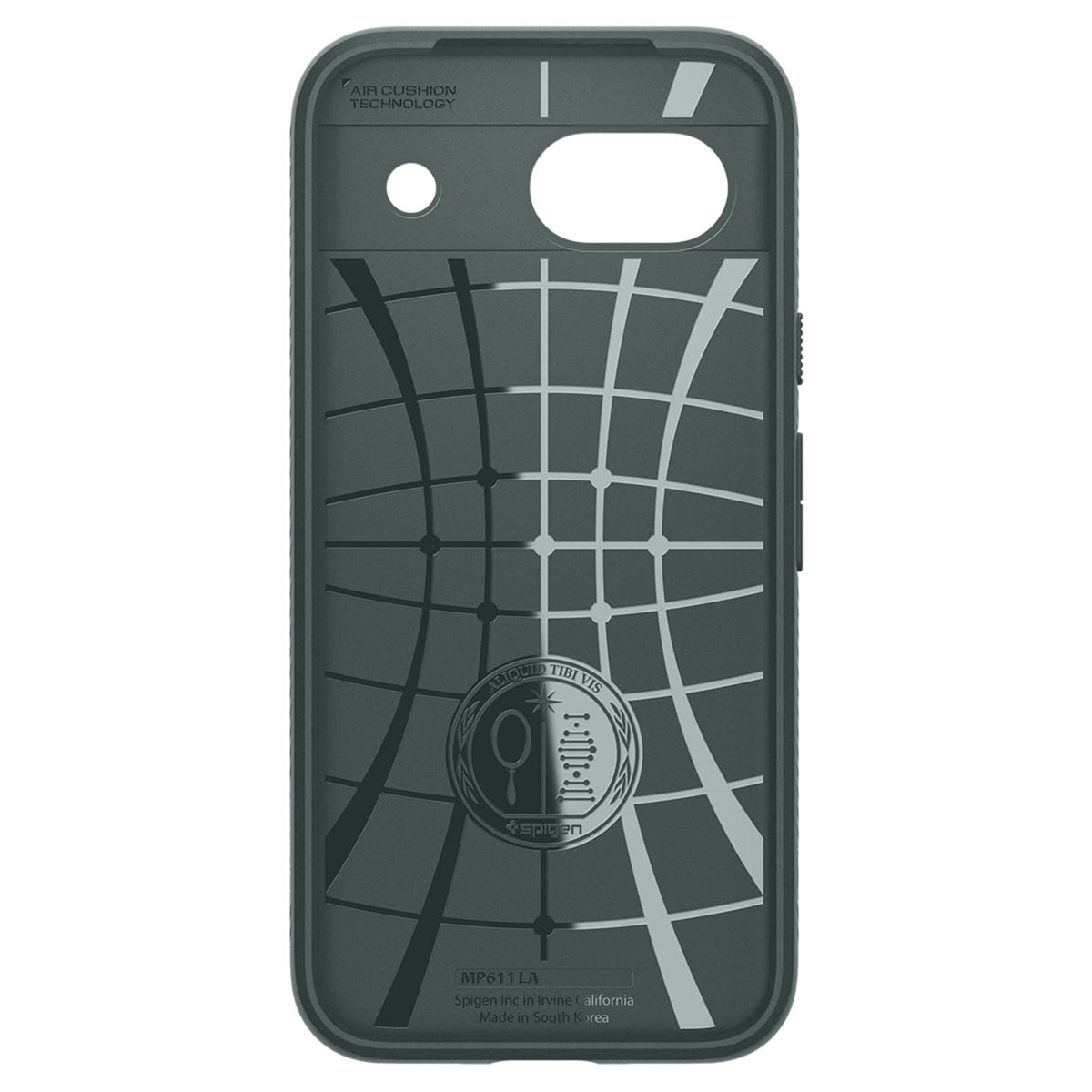 Coque de téléphone gris foncé avec un motif quadrillé et un logo. Elle a un trou pour l'appareil photo.