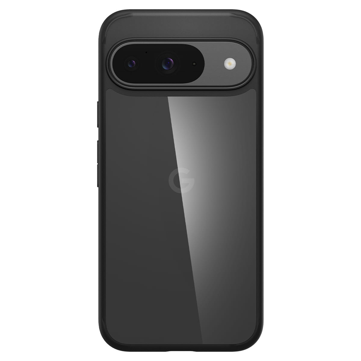 Custodia per telefono nera con retro trasparente, sporgenza della fotocamera e logo Google.